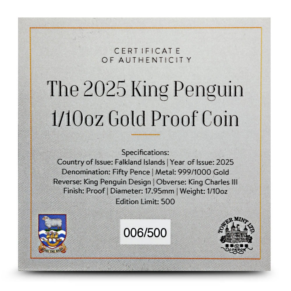 2025 1/10 oz Proof Falkland Islands Gold King Penguin Coin - Image 4
