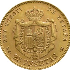 Spanish 25 Pesetas Gold Coin Alfonso XII Young Head